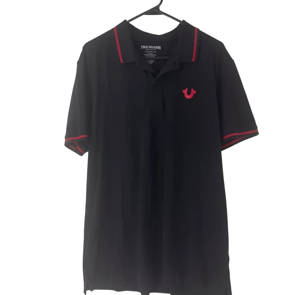 True Religion Mens Black Red Graphic Logo Short Sleeve Polo Shirt XL